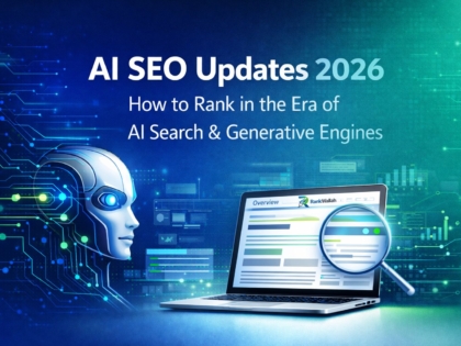 Futuristic AI SEO banner showing a robotic head with digital circuits and a laptop displaying search analytics under the headline “AI SEO Updates 2026 – How to Rank in the Era of AI Search & Generative Engines” on a blue and teal tech background.