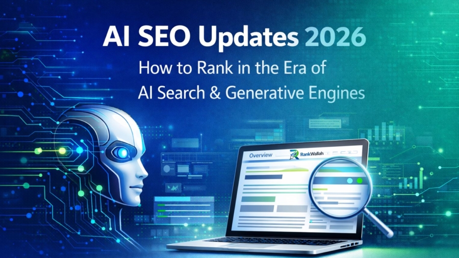 Futuristic AI SEO banner showing a robotic head with digital circuits and a laptop displaying search analytics under the headline “AI SEO Updates 2026 – How to Rank in the Era of AI Search & Generative Engines” on a blue and teal tech background.